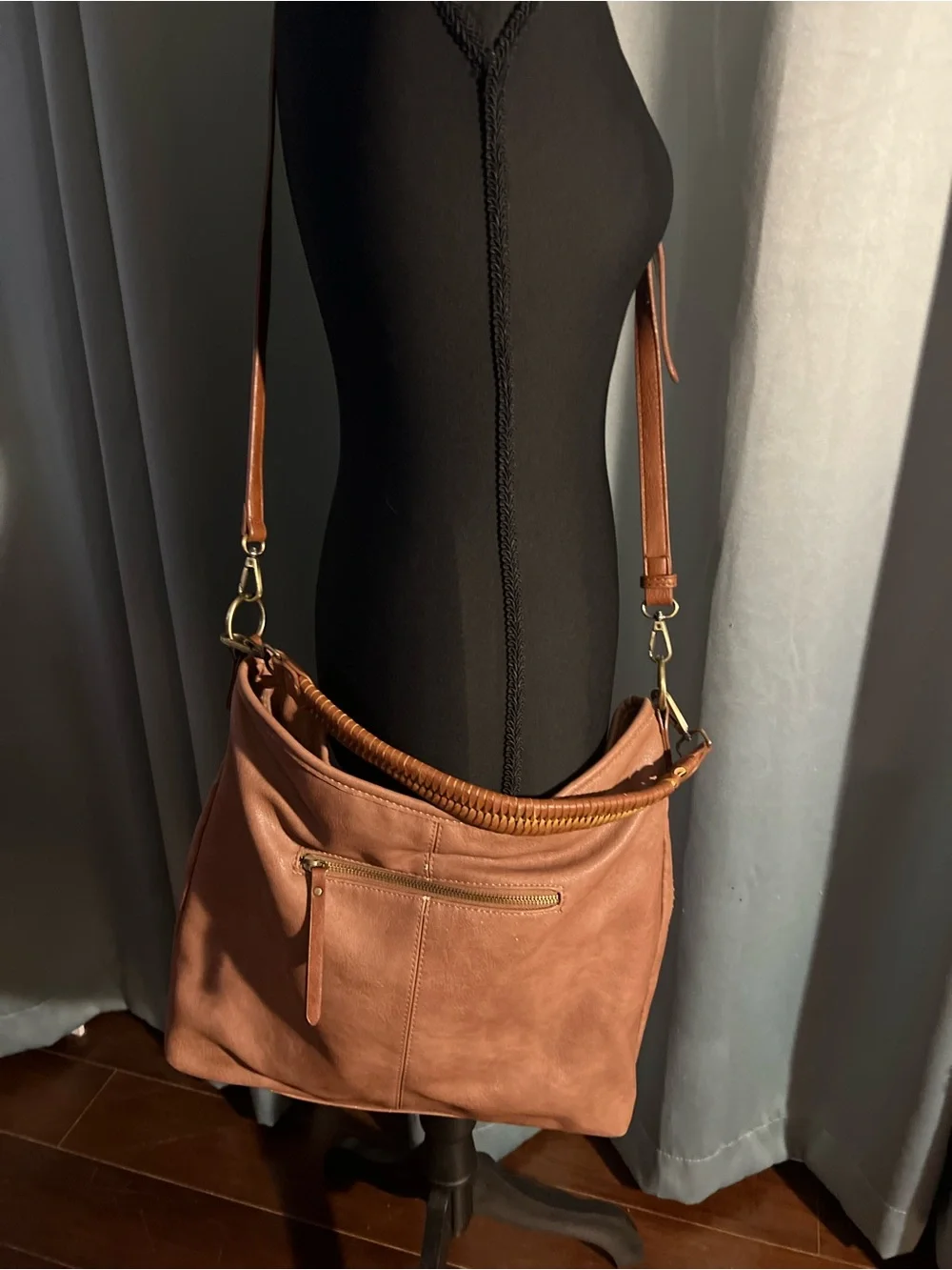 Antik Kraft Braided Faux Leather Hobo Bag Cognac Brown Woven Crossbody Purse